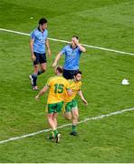 31 August 2014; Colm McFadden, left, Donegal, celebrates with team-mate Ryan McHugh, after McHugh scored his side's second goal, while Nicky Devereux, Dublin, reacts. GAA Football All Ireland Senior Championship, Semi-Final, Dublin v Donegal, Croke Park, Dublin. Picture credit: Dáire Brennan / SPORTSFILE