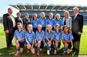 31 August 2014; Sean McMahon, left, President INTO, Mairéad O'Callaghan, Secretary, Cummann na mBunscol, Helen O'Rourke, Chief Executive, Ladies Gaelic Football Association, and Aogán Ó Fearghail, Uachtarán-Tofá of the GAA, with the Dublin team, back row, from left, Niamh Lydon, Scoil Naomh Colmcille, Durrow N.S, Offaly, Kate Kenny, St. Cynocs N.S, Offaly, Lisa Walsh, Ballylinan N.S, Laois, Darina McGoldrick, St. Teresa's N.S, Clontumpler, Longford. Front row, from left, Megan Morrissey, Arles N.S, Laois, Laura Dillon, St. Colman's Primary School, Saval, Down, Lauren Kane, St. Patrick's Primary School, Hilltown, Down, Tori Doyle, St. Vincents GNS, Dublin, Donna Hannafin, St. Matthews N.S, Longford and Janice Singson, Holy Child N.S, Larkhill Road, Dublin. NTO/RESPECT Exhibition GoGames. Croke Park, Dublin. Picture credit: Ramsey Cardy / SPORTSFILE