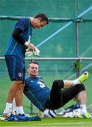 1 September 2014; Republic of Ireland goalkeepers David Forde, left, and Shay Given during squad training ahead of their side's International friendly match against Oman on Wednesday. Republic of Ireland Squad Training, Gannon Park, Malahide, Co. Dublin. Picture credit: Brendan Moran / SPORTSFILE