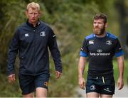 1 September 2014; Leinster forwards coach Leo Cullen and Gordon D'Arcy, right, arrive for squad training ahead of their side's Guinness PRO12 Round 1 match against Glasgow Warriors on Saturday. Leinster Rugby Squad Training, UCD, Belfield, Dublin. Picture credit: Stephen McCarthy / SPORTSFILE