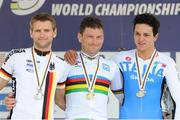 31 August 2014; Ireland's Eoghan Clifford with his gold medal after winning the Men's C3 Road Race with second placed Steffen Warias, Germany, left, and third placed Fabio Anobile, Italy. 2014 UCI Paracyling World Road Championships, Greenville, South Carolina, USA. Picture credit: Jean Baptiste Benavent / SPORTSFILE