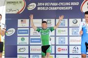 31 August 2014; Ireland's Eoghan Clifford celebrates winning the Men's C3 Road Race. 2014 UCI Paracyling World Road Championships, Greenville, South Carolina, USA. Picture credit: Jean Baptiste Benavent / SPORTSFILE