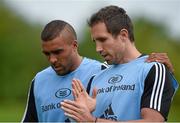 1 September 2014; Munster's Andrew Smith, right, in conversation with team-mate Simon Zebo during squad training ahead of their Guinness PRO12 round 1 match against Edinburgh on Friday. Munster Rugby Squad Training, University of Limerick, Limerick. Picture credit: Diarmuid Greene / SPORTSFILE