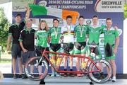 31 August 2014; Team Ireland, from left:  Coach Neill Delahaye, Mechanic Gerry Beggs, Soigneur Paula Kinsella, Katie-George Dunlevy, Eoghan Clifford, Eve McCrystal, Bryan McCrystal and James Brown. 2014 UCI Paracyling World Road Championships, Greenville, South Carolina, USA. Picture credit: Jean Baptiste Benavent / SPORTSFILE