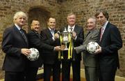 7 December 2006; John O'Donoghue, TD, Minister for Arts, Sport and Tourism, holds the Setanta Cup trophy alongside, from left, Milo Corcoran, Setanta Sports Cup board, Bobby Jameson, IFA, Niall Cogley, Setanta Sports, David Blood, President of the FAI, and John Delaney, Chief Executive of the FAI, at the draw for the 2007 Setanta Sports Cup. Coach House, Dublin Castle, Dublin. Picture credit: Pat Murphy / SPORTSFILE