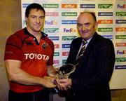 10 December 2006; David Wallace is presented with his 50th Heineken Cap by Pat Maher of Heineken. Heineken Cup 2006-2007, Pool 4, Round 3, Cardiff Blues v Munster, Cardiff Arms Park, Cardiff, Wales. Picture credit: Matt Browne / SPORTSFILE