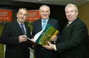 11 December 2006; An Taoiseach Bertie Ahern T.D. with Nickey Brennan, left, President of the GAA and Ray McManus of Sportsfile, at the book launch of A Season of Sundays 2006. This is the 10th Edition of A Season of Sundays, a collection of images from the 2006 Gaelic Games year by Sportsfile photographers. Jurys Croke Park Hotel, Jones' Road, Dublin. Picture credit: Brendan Moran / SPORTSFILE