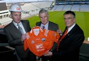 13 December 2006; John McCabe, left, Managing Director McCabe Builders Paddy Oliver, centre, Chairman of the Louth GAA board, and Charlie McAlester, Louth GAA, at the announcement of McCabe builders as the new sponsor for Louth GAA. Croke Park, Dublin. Picture credit: David Maher / SPORTSFILE