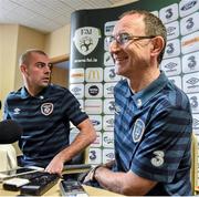 2 September 2014; Republic of Ireland manager Martin O'Neill and Darron Gibson, left, during a press conference ahead of their side's International friendly match against Oman on Wednesday. Republic of Ireland Press Conference, Grand Hotel,  Malahide, Co. Dublin. Picture credit: David Maher / SPORTSFILE