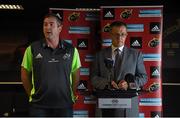 2 September 2014; Munster head coach Anthony Foley, left, alongside CEO Garrett Fitzgerald, speaking during a press conference ahead of their Guinness PRO12 round 1 match against Edinburgh on Friday. Munster Rugby Press Conference, Thomond Park, Limerick. Picture credit: Diarmuid Greene / SPORTSFILE