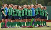 18 August 2014; The Ireland team stand for the national anthem before the game. Women's 2 x 3 Nations tournament, Ireland v Spain, National Hockey Stadium, UCD, Dublin. Picture credit: Barry Cregg / SPORTSFILE