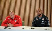 2 September 2014; Oman manager Paul Le Guen, left, with captain Ali Al-Habsi during a press conference ahead of their side's International friendly match against the Republic of Ireland on Wednesday. Oman Squad Training and Press Conference, Aviva Stadium, Lansdowne Road, Dublin. Picture credit: Piaras Ó Mídheach / SPORTSFILE