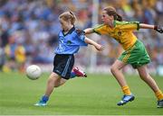 31 August 2014; Tori Doyle, St. Vincents GNS, Dublin, representing Dublin, in action against Kiana Donnelly, St. Mary's Primary School, Derrytrasna, Armagh, representing Donegal, during the INTO/RESPECT Exhibition GoGames. Croke Park, Dublin. Picture credit: Brendan Moran / SPORTSFILE