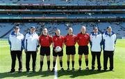 31 August 2014; Referee Derek O'Mahony, 4th from left, with his match officials, from left, umpires Martin Doyle, and Paddy Noonan, linesman James Molloy, sideline official James Bermingham, linesman Conor Lane and umpires Liam Barrett and Stan Barlow. Electric Ireland GAA Football All-Ireland Minor Championship, Semi-Final, Dublin v Donegal, Croke Park, Dublin. Picture credit: Brendan Moran / SPORTSFILE