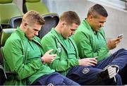 3 September 2014; Republic of Ireland players, from left, James McClean, James McCarthy and Jonathan Walters before the game. Three International Friendly, Republic of Ireland v Oman, Aviva Stadium, Lansdowne Road, Dublin. Picture credit: David Maher / SPORTSFILE