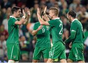 3 September 2014; Alex Pearce, Republic of Ireland, second from right, is congratulated by team-mate Stephen Ward after scoring his side's second goal. Three International Friendly, Republic of Ireland v Oman, Aviva Stadium, Lansdowne Road, Dublin. Picture credit: Brendan Moran / SPORTSFILE