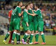 3 September 2014; Alex Pearce, Republic of Ireland, third from right, is congratulated by team-mates after scoring his side's second goal. Three International Friendly, Republic of Ireland v Oman, Aviva Stadium, Lansdowne Road, Dublin. Picture credit: Matt Browne / SPORTSFILE