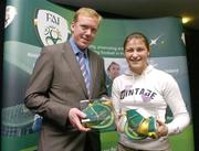 18 December 2006; Republic of Ireland manager Steve Staunton after receiving his 102nd international cap, for the World Cup game against Spain in the World Cup 2002, and Katie Taylor, with her cap, Republic of Ireland Senior Women's team, at the Football Association of Ireland Youth Cap Presentations 2006. Great Southern Hotel, Dublin Airport, Dublin. Picture credit: David Maher / SPORTSFILE