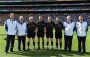 31 August 2014; Referee Joe McQuillan, 5th from left, with his match officials, from left, umpires Ciaran Brady and Tommy O'Reilly, sideline official Ciaran Brannigan, linesmen Rory Hickey and David Gough and umpires TP Gray and Jimmy Galligan. GAA Football All Ireland Senior Championship, Semi-Final, Dublin v Donegal, Croke Park, Dublin. Picture credit: Brendan Moran / SPORTSFILE