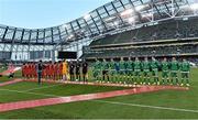 3 September 2014; The two teams of the  Republic of Ireland and Oman line up before the start of the game. Three International Friendly, Republic of Ireland v Oman, Aviva Stadium, Lansdowne Road, Dublin. Picture credit: David Maher / SPORTSFILE