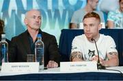4 September 2014; Barry McGuigan and Carl Frampon during the Titanic Showdown press conference. The Titanic Showdown takes place this Saturday, with the main card of IBF super-bantamweight title fight between Carl Frampton and Kiko Martinez. Ulster Hall, Belfast, Co. Antrim. Picture credit: Oliver McVeigh / SPORTSFILE