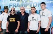 4 September 2014; Pictured left to right, Martinez trainer Gabriel Sarmiento, Kiko Martinez, Frampton promoter and manager Barry McGuigan, Carl Frampton, and Frampton trainer Shane McGuigan during the Titanic Showdown press conference. The Titanic Showdown takes place this Saturday, with the main card of IBF super-bantamweight title fight between Carl Frampton and Kiko Martinez. Ulster Hall, Belfast, Co. Antrim. Picture credit: Oliver McVeigh / SPORTSFILE