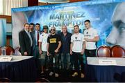 4 September 2014; Pictured left to right, Martinez manager Sampson Lewkowicz, Miguel De Pablos, former World Boxing Champion Sergio Martinez, Martinez trainer Gabriel Sarmiento, Kiko Martinez, Frampton promoter and manager Barry McGuigan, Carl Frampton, and Frampton trainer Shane McGuigan during the Titanic Showdown press conference. The Titanic Showdown takes place this Saturday, with the main card of IBF super-bantamweight title fight between Carl Frampton and Kiko Martinez. Ulster Hall, Belfast, Co. Antrim. Picture credit: Oliver McVeigh / SPORTSFILE
