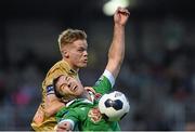 5 September 2014; Simon Madden, Shamrock Rovers, battles for possession with Mark O'Sullivan, Cork City. SSE Airtricity League Premier Division, Cork City v Shamrock Rovers, Turners Cross, Cork. Picture credit: Matt Browne / SPORTSFILE