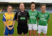 6 September 2014; Referee Colm McManus with Roscommon captain Feena Beirne and Fermanagh joint captains Claire Raftery and Deirdre Regan, right. TG4 All-Ireland Ladies Football Intermediate Championship Semi-Final, Fermanagh v Roscommon. Pearse Park, Longford. Photo by Sportsfile