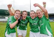 6 September 2014; Fermanagh players, from left, Rion Gallagher, Joanne Doonan, Tamara Dolan, and Shannan McQuade, celebrate after the game. TG4 All-Ireland Ladies Football Intermediate Championship Semi-Final, Fermanagh v Roscommon. Pearse Park, Longford. Photo by Sportsfile