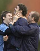 16 January 2007; Leinster's Trevor Hogan, sporting a new moustache, with team-mates Gordon Darcy, left, and Keith Gleeson, right, during squad training. Old Belvedere RFC, Anglesea Road, Dublin. Photo by Sportsfile *** Local Caption ***