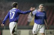 16 January 2007; Peter Thompson, Linfield, is congratulated on scoring his side's first goal by team-mate Glen Ferguson. Irish Cup, Round 5, Linfield v Oxford United Stars, Windsor Park, Belfast, Co. Antrim. Picture credit: Russell Pritchard / SPORTSFILE