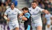 6 September 2014; Peter Horne, Glasgow Warriors, is tackled by Cian Healy, Leinster. Guinness PRO12, Round 1, Glasgow Warriors v Leinster. Scotstoun Stadium, Glasgow, Scotland. Picture credit: Stephen McCarthy / SPORTSFILE
