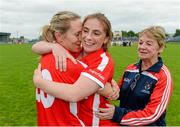6 September 2014; Nollaig Cleary, left, and Rhona Ni Bhuachalla, Cork, celebrate after the game with Bridget O'Brien from the management team. TG4 All-Ireland Ladies Football Senior Championship Semi-Final, Armagh v Cork. Pearse Park, Longford. Photo by Sportsfile