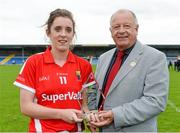 6 September 2014; Ciara O'Sullivan, Cork, is presented with the Player of the Match by Pat Quill, President, Ladies Gaelic Football. TG4 All-Ireland Ladies Football Senior Championship Semi-Final, Armagh v Cork. Pearse Park, Longford. Photo by Sportsfile
