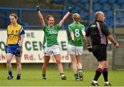 6 September 2014; Aisling Moane, Fermanagh, celebrates with team-mate Caroline Little, right, at the final whistle. TG4 All-Ireland Ladies Football Intermediate Championship Semi-Final, Fermanagh v Roscommon. Pearse Park, Longford. Photo by Sportsfile