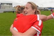 6 September 2014; Nollaig Cleary, Cork, celebrates with team-mate Briege Corkery after the game. TG4 All-Ireland Ladies Football Senior Championship Semi-Final, Armagh v Cork. Pearse Park, Longford. Photo by Sportsfile