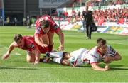 6 September 2014; Ulster's Louis Ludik dives in the corner to score a late second half try. Guinness PRO12, Round 1, Scarlets v Ulster. Parc Y Scarleys, Llanelli, Wales. Picture credit: Steve Pope / SPORTSFILE