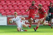 6 September 2014; Andrew Trimble, Ulster, crosses the line to score his side's third try of the game. Guinness PRO12, Round 1, Scarlets v Ulster. Parc Y Scarleys, Llanelli, Wales. Picture credit: Steve Pope / SPORTSFILE
