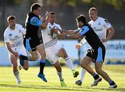 6 September 2014; Zane Kirchner, Leinster, is tackled by Mark Bennett, left, and Tommy Seymour, right, Glasgow Warriors. Guinness PRO12, Round 1, Glasgow Warriors v Leinster. Scotstoun Stadium, Glasgow, Scotland. Picture credit: Stephen McCarthy / SPORTSFILE