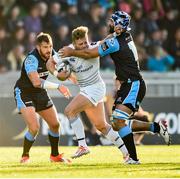 6 September 2014; Ian Madigan, Leinster, is tackled by Sean Lamont, left, and Josh Strauss, Glasgow Warriors. Guinness PRO12, Round 1, Glasgow Warriors v Leinster. Scotstoun Stadium, Glasgow, Scotland. Picture credit: Stephen McCarthy / SPORTSFILE