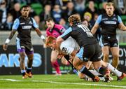6 September 2014; Tom Denton, Leinster, goes over to score his side's second try. Guinness PRO12, Round 1, Glasgow Warriors v Leinster. Scotstoun Stadium, Glasgow, Scotland. Picture credit: Stephen McCarthy / SPORTSFILE