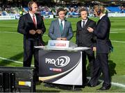 6 September 2014; Sky Sports presenter Alex Payne, right, with analysts, from left, Scott Quinnell, Paddy Wallace and Rory Lawson. Guinness PRO12, Round 1, Glasgow Warriors v Leinster. Scotstoun Stadium, Glasgow, Scotland. Picture credit: Stephen McCarthy / SPORTSFILE