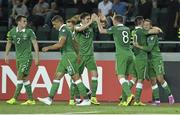 7 September 2014; Republic of Ireland's Aiden McGeady, right, celebrates after scoring his side's first goal with team-mate Robbie Keane. UEFA EURO 2016 Championship Qualifer, Group D, Georgia v Republic of Ireland. Boris Paichadze National Arena, Tbilisi, Georgia. Picture credit: David Maher / SPORTSFILE