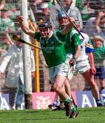 25 May 1997; Barry Foley of Limerick celebrates after scoring his side's second goal during the Munster Senior Hurling Championship Quarter-Final between Limerick and Waterford at Semple Stadium in Thurles, Co. Tipperary. Photo by Brendan Moran/Sportsfile