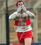 21 April 1996; Joe Brolly of Derry celebrates after scoring his goal during the GAA National Football League Semi-Final between Derry v Mayo at Croke Park in Dublin. Photo by Ray McManus/Sportsfile