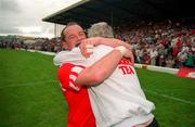 23 July 1995; Cork captain Niall Cahalane celebrates with manager Billy Morgan following the Munster Senior Football Championship Final between Kerry and Cork at Fitzgerald Stadium in Killarney, Co. Kerry. Photo by Brendan Moran/Sportsfile