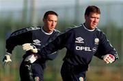 9 November 1999; Goalkeepers Alan Kelly and Dean Kiely, left, during a Republic of Ireland training session at the AUL Grounds in Clonshaugh, Dublin. Photo by Brendan Moran/Sportsfile