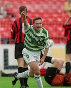 19 September 1999; Billy Woods of Shamrock Rovers celebrates after team-mate Richie Purdy, not pictured, scored their opening goal during the Eircom League Premier Division match between Bohemians and Shamrock Rovers at Tolka Park in Dublin. Photo by Damien Eagers/Sportsfile