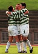 7 November 1999; Billy Woods, centre, celebrates with his Shamrock Rovers teamates Marc Kenny, left, and Shane Jackson after scoring his second goal during the Eircom League Premier Division match between Shamrock Rovers and Drogheda United at Morton Stadium in Santry, Dublin. Photo by David Maher/Sportsfile